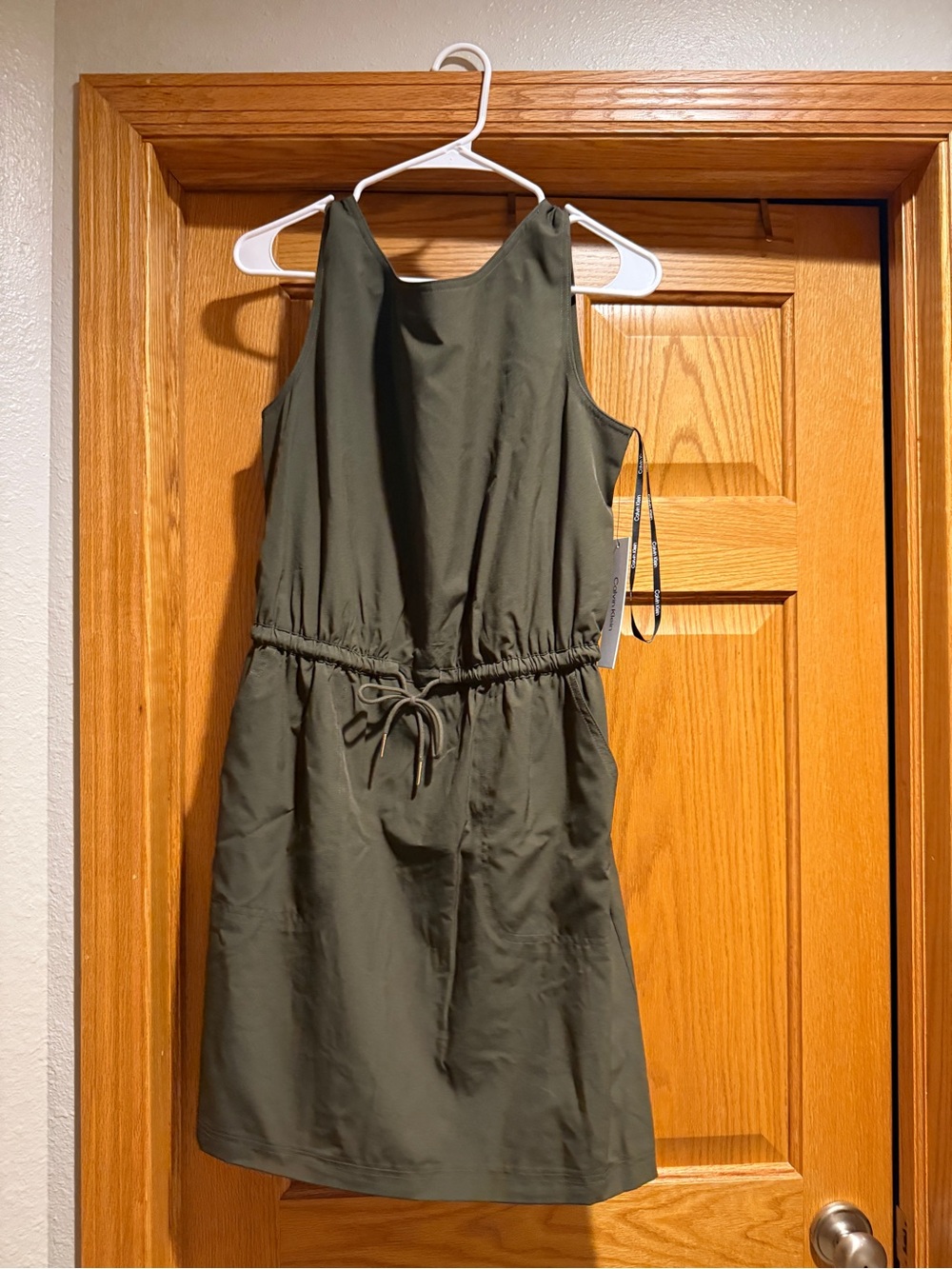 Calvin Klein Olive Green Sleeveless Drawstring Mini Dress